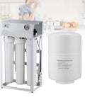 Top Shelf 400 Gpd Reverse Osmosis Water Purification System Hella Pure Direct Drinking Filter showing tank and filters in kitchen.