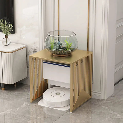Dope Versatile Metal Storage Rack For Robot Vacuum Cleaner Stand with fish bowl on top, fits hallway or living room