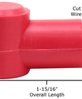 Red Flexible Stud Terminal Boots Five Sixteenths Inch To One Quarter Inch, Two Pack Over Nut Covers, side view with dimensions