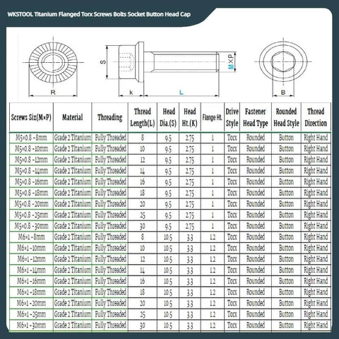 Rainbow Titanium M6x1 20mm Torx Washer Socket Cap Screws Set 10Pcs Nano Coated Multicolor Bolts specifications chart
