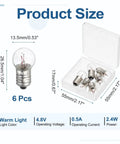 Six-Pack of E10 Miniature Screw Base Bulbs with warm yellow glow, dimensions 26.5x13.5mm in a tidy box for gadgets and repairs.