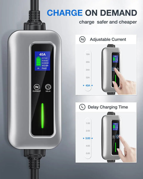 Level 2 EV Charger, 40 Amp, 240V Portable With 25ft Cable SAE J1772 Plug NEMA 14-50P Adjustable Current And Delay Timer