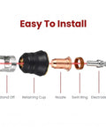 Get A Crazy Good Deal On This 23Pcs Plasma Cutter Torch Consumables Kit With Swirl Ring And Retaining Cup showing components like nozzle and electrode.