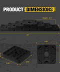 Dimensions of stackable RV leveling blocks: 34" wide, 8.46" long, 4.4" high, 1.1" thick, used for stable jack support.