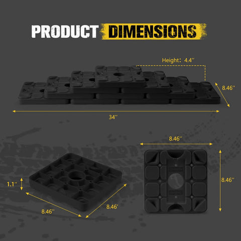 Dimensions of stackable RV leveling blocks: 34" wide, 8.46" long, 4.4" high, 1.1" thick, used for stable jack support.