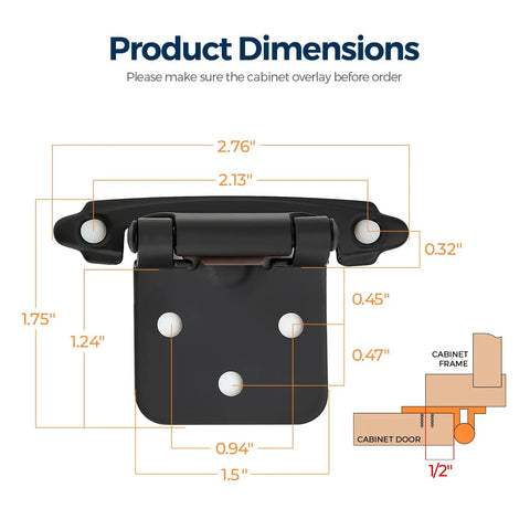 Knockout Matte Black Cabinet Hinges Half Inch Overlay 30 Pack dimensions illustration with measurements outlined