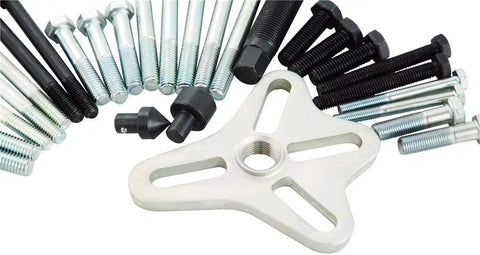 46 Piece Harmonic Balancer Puller Set And Steering Wheel Puller Kit showing yoke and bolts