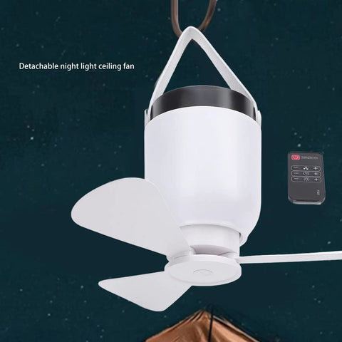 Dpofirs USB Rechargeable Ceiling Fan with LED Lamp, Remote Controlled, featuring white blades and a detachable light, suspended from the ceiling.