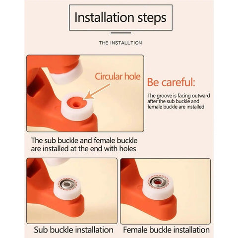 Installation steps for No-Fuss Five Claw Snap Button Kit: sub and female buckles setup with circular holes.
