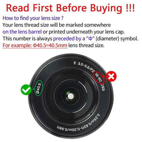 Lens thread size guide showing correct and incorrect dimensions for 40.5mm Snap On Lens Cap With Keeper For E Mount 16 50mm F3.5 5.6 Lens Not For 16 70mm Lenses Includes Leash Two Pack Center Pinch For Easy Attachment Keeps Your Lens Cleaner And Safer