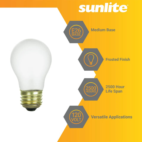 Incandescent A15 Appliance Bulb Pack, 15W, 70LM, E26 Medium Base, Fully Dimmable, Frost Finish, bulb with infographic details