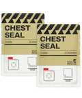 Two Rhino Rescue Chest Seal packs, tan packaging with 4 vents, sterile trauma dressings.