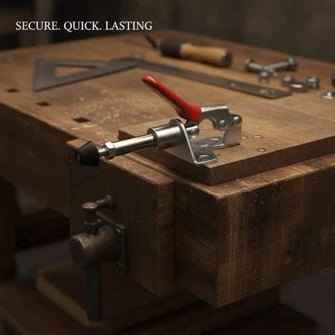 Steel Push Pull Toggle Clamp Serving Up Quick Release Workholding For Woodworking And Welding Jigs Compact Linear Fixtures on workbench