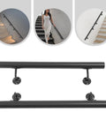 Heavy Duty Wall Mounted Stair Handrail Two Pack Black Stainless Steel Safety Grips Indoor Outdoor Hallway Railing with mounting hardware and installation layout.