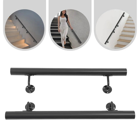 Heavy Duty Wall Mounted Stair Handrail Two Pack Black Stainless Steel Safety Grips Indoor Outdoor Hallway Railing with mounting hardware and installation layout.