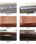 Before and after images showing scratch repairs using Solid Wood Filler Sticks And Furniture Wax Crayons For A No Sweat Scratch Fix Touch Up Kit With Ten Versatile Colors.
