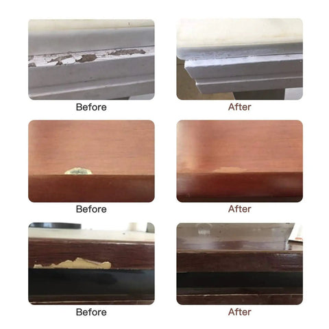 Before and after images showing scratch repairs using Solid Wood Filler Sticks And Furniture Wax Crayons For A No Sweat Scratch Fix Touch Up Kit With Ten Versatile Colors.