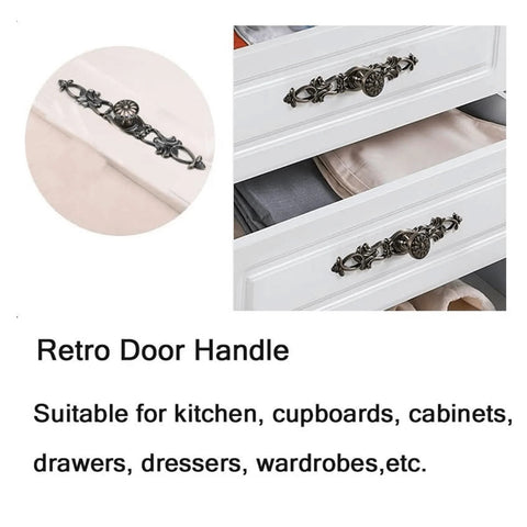 Antique Bronze Vintage Style Cabinet Knobs Set for Furniture with screws shown installed on dresser drawers