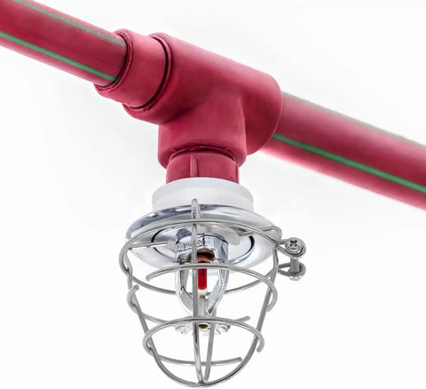 Five Pack Heavy Duty Half Or Three Quarter Inch Fire Sprinkler Head Guard Cage Protector Cover With Hella Rugged Zinc Steel Bracket on red plumbing.