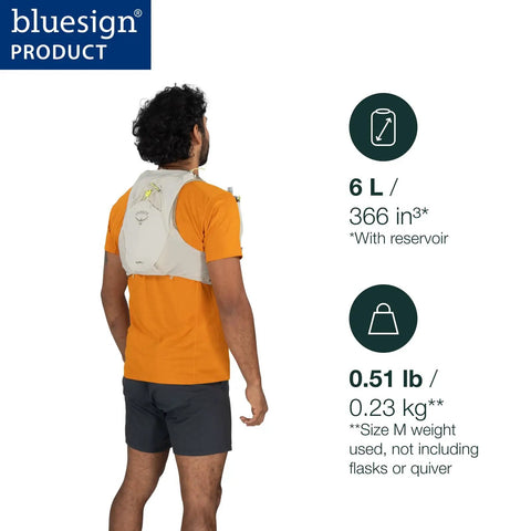 Back view of man wearing Duro 6L Running Hydration Vest With Hydraulics Soft Flasks Included, Sandy Grey Medium.