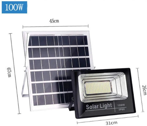 JUDYSSY 25W 40W 60W 100W 200W Led Solar Flood Light Dusk to Dawn Sensor Light, 100W with solar panel dimensions shown.