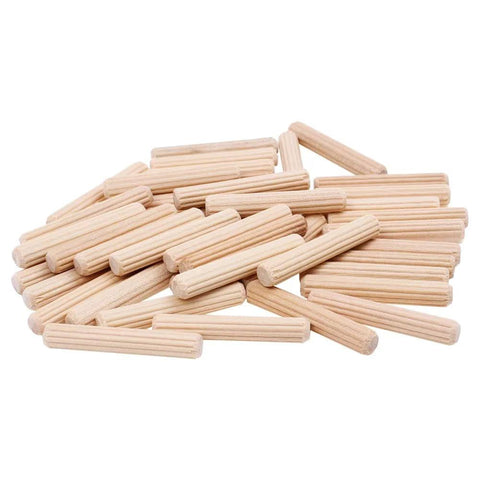 One Quarter Inch By One And A Half Inch Hardwood Dowel Pins, Straight Grooved With Beveled Ends, Imperial Dowel For Furniture, Cabinets, Trim And Dyi Projects, Durable Wood Pins For Strong Joints, 100 Pack arranged in a pile