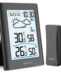 Wireless Indoor Outdoor Thermometer Weather Station With Clock, Battery Powered, showing temperature and predictions