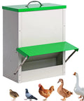 Heavy Duty Metal Chicken Feeder For Backyards Gives You Hang Or Ground Flex To Slash Feed Waste And Keep Your Flock Properly Fed Daily Using Waterproof Steel Built Tough For Ducks Quail And Yard Chickens with green top and open feed trough.