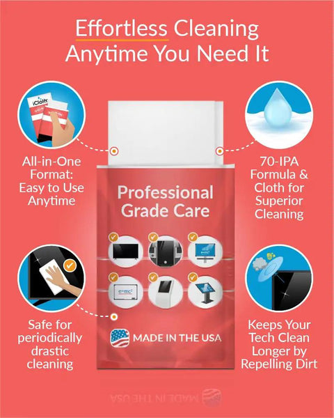 Package of XL Pro Grade Electronics Cleaning Wipe For TV Monitor And Laptop 9 By 12 Inch Pre Moistened Cloth With 70 Percent Isopropyl Alcohol Individually Sealed Streak Free Lint Free Restores Optical Clarity with labeled features.