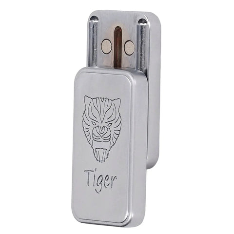 Nifty Tiger Pattern Magnetic Slider Fidget Toy With Built In Rotating Bearing, silver metal design for stress relief.
