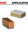 Illustration of a laminate wood panel and a template block used in woodworking with One Half Inch Bearing Flush Trim Router Bit