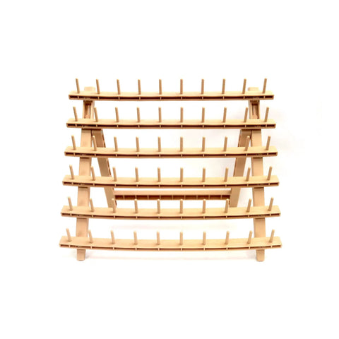 60 Spool Braid Rack For Hair Extensions And Braids, Braiding Hair Stand, Thread Organizer For Sewing Quilting And Embroidery, Dope Extension Holder Mounts On Wall Or Sits On Desk Or Trolley, front view of wooden spool rack.