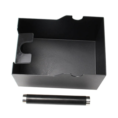 Espresso Knock Box With Tamping Station Base And Portafilter Stand, stainless steel coffee grounds bin, black finish, top view.