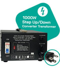Front view of 1000 Watt Voltage Converter Step Up And Down For 110V To 220V Or 220V To 110V, showing on-off switch and voltage input.