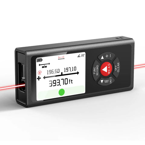 Dual Laser Distance Measuring Tool With Angle Sensor And Level Bubble From Anywhere In The Room, display showing 393.70 ft
