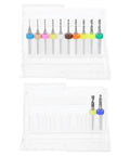 12 Piece Micro Drill Bit Set Go To Pro Grade Tungsten Carbide For PCB Jewelry Plastic Wood Soft Metal 0.5mm To 3.175mm Range With 1/8 Inch Shank 38mm Length Positioning Ring displayed in a plastic case, showcasing assorted colored positioning rings.