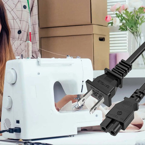 Six Foot Sewing Machine Power Cord AC Cable Replacement with Two Slot Plug for home machines, UL Listed 18 AWG Wire displayed by sewing machine