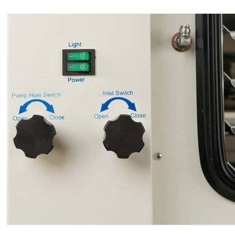 Control panel of 1.9 Cubic Foot Lab Vacuum Oven With 5 Shelves showing switches for light, power, pump hole, and inlet.