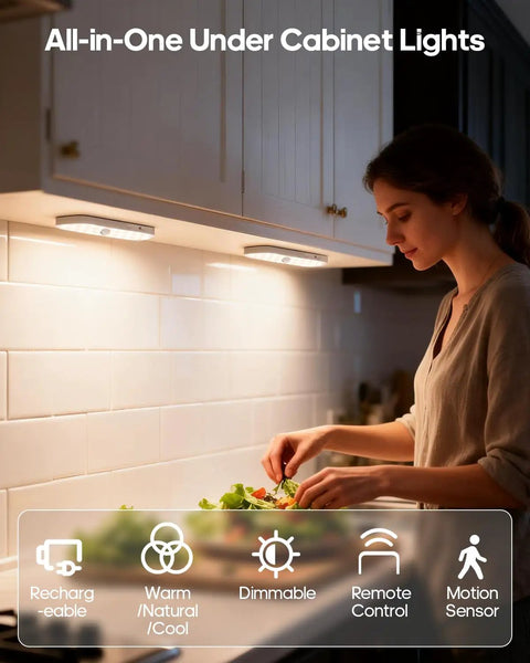 Kitchen with Five Pack 6 Inch Wireless Under Cabinet Lights Rechargeable LED Motion Sensor Lights With 3 CCT Dimmable Stick On