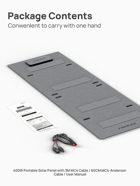 400W Portable Solar Panel, user manual, cables in package for Top Shelf Portable Power Station Featuring 2048 Wh Heavy Duty Battery Bank And 3000 W Instant Output Tied To A Snappy 400 W Solar Panel For Weekend Adventures.