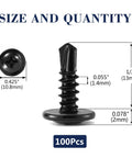 Top Tier Number 8 By Half Inch Sheet Metal Screws With Truss Heads 100 Pack Of 410 Stainless Steel Fast Self Tapping Bolts In Black Oxide Finish with size details.