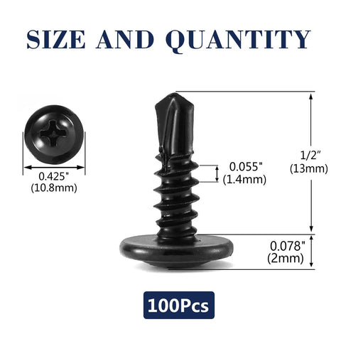 Top Tier Number 8 By Half Inch Sheet Metal Screws With Truss Heads 100 Pack Of 410 Stainless Steel Fast Self Tapping Bolts In Black Oxide Finish with size details.