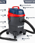 Beast 5.5 Peak HP Wet And Dry Shop Vacuum With 5 Gallon Tank And Blower Drain Port features labeled parts