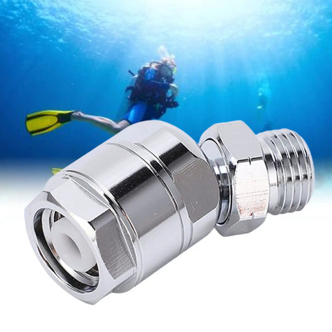 360 Degree Scuba Regulator Swivel Adapter For 2nd Stage Dive Hose Rotator Stainless Steel Marine Grade with diver background