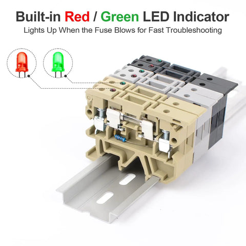 Heavy Duty Din Rail Fuse Holders Terminal Block Kit With Led Indicator Lights showing LED indicators for fast troubleshooting.