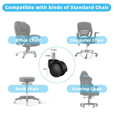 Replacement Office Chair Caster Wheels Set Of 5 For Hardwood Floors And Carpet Heavy Duty Up To 1000 Lb Capacity 2 Inch Universal Size Black Polyurethane Casters For Smooth Glide And Floor Protection compatible with various chairs