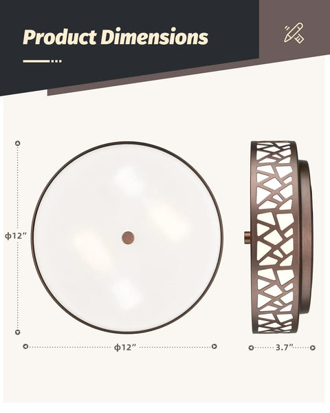 Two Light Vintage Flush Mount Ceiling Light With Frosted Glass Shade In Oil Rubbed Bronze For Hallway Kitchen Bathroom And Bedroom A 12 Inch Ceiling Fixture That Delivers Classic Warm Ambience And Clean Modern Look, top and side view dimensions.