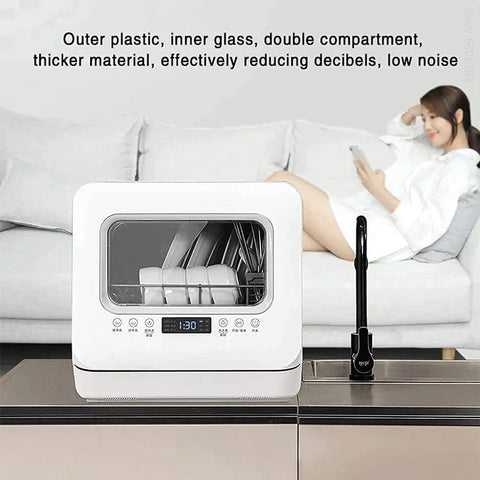 Pretty Slick Portable Automatic Countertop Dishwasher With Dual Overhead Spray Built In Water Tank And Air Dry Cycle, compact design with visible dishes inside.