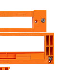 Adjustable Concealed Hinge Router Template For Seamless Cabinet Doors And Reusable Woodworking Guides Dead Nuts Accuracy With Hassle Free Install For Diy Builders, orange measurement jig with sizing blocks.