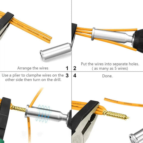 Steps demonstrating the use of Heavy Duty Wire Twisting Tool Set For Power Drill And Impact Driver with 5-line quick connector.